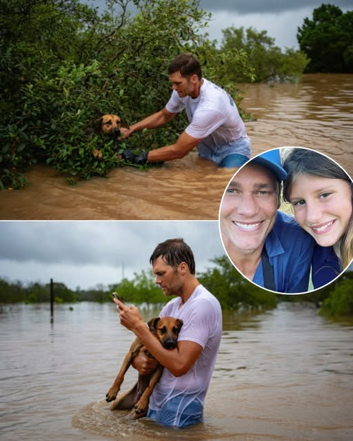 Tom Brady didn’t sign autographs or toss footballs—he picked up a soaked, shivering dog in the Texas flood and quietly said, “I’ll take him home.” What broke the internet was the text he sent his daughter…